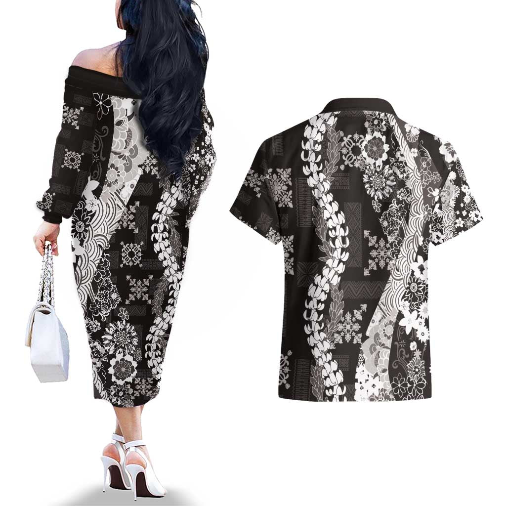 Hawaii Puakenikeni and Maile Lei Couples Matching Off The Shoulder Long Sleeve Dress and Hawaiian Shirt Black Japanese Wave Style LT9 - Polynesian Pride
