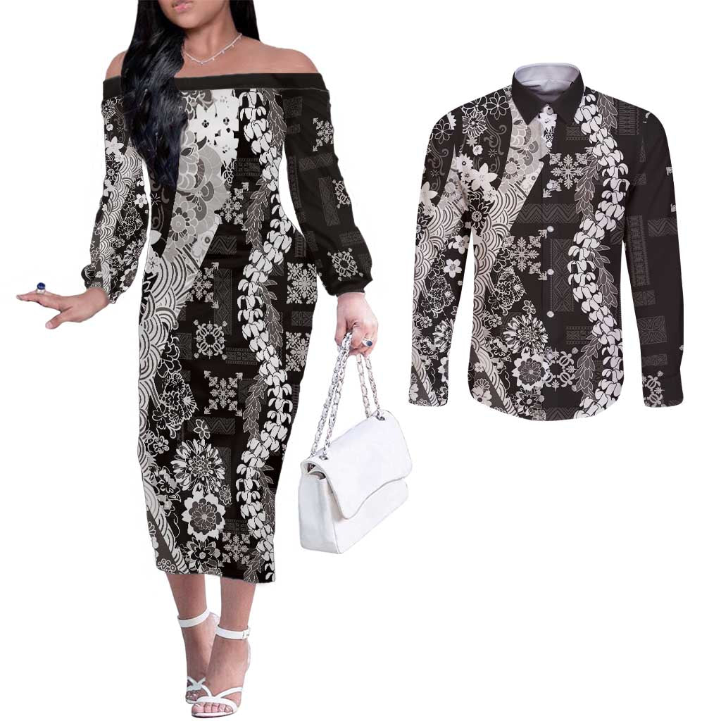 Hawaii Puakenikeni and Maile Lei Couples Matching Off The Shoulder Long Sleeve Dress and Long Sleeve Button Shirt Black Japanese Wave Style LT9 Black - Polynesian Pride