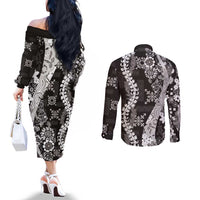 Hawaii Puakenikeni and Maile Lei Couples Matching Off The Shoulder Long Sleeve Dress and Long Sleeve Button Shirt Black Japanese Wave Style LT9 - Polynesian Pride