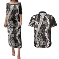 Hawaii Puakenikeni and Maile Lei Couples Matching Puletasi and Hawaiian Shirt Black Japanese Wave Style LT9 Black - Polynesian Pride