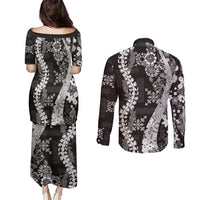Hawaii Puakenikeni and Maile Lei Couples Matching Puletasi and Long Sleeve Button Shirt Black Japanese Wave Style LT9 - Polynesian Pride