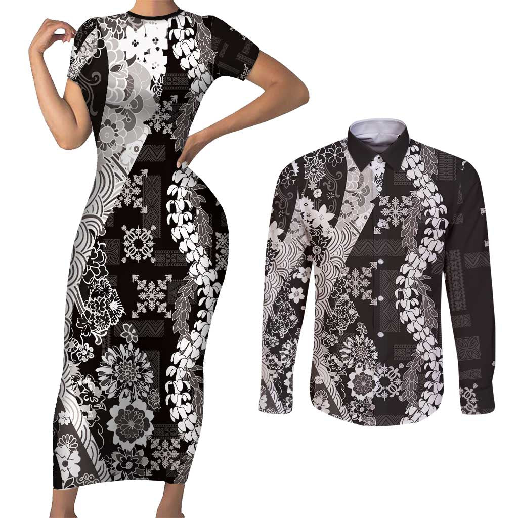 Hawaii Puakenikeni and Maile Lei Couples Matching Short Sleeve Bodycon Dress and Long Sleeve Button Shirt Black Japanese Wave Style LT9 Black - Polynesian Pride