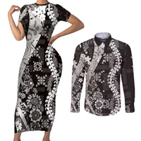 Hawaii Puakenikeni and Maile Lei Couples Matching Short Sleeve Bodycon Dress and Long Sleeve Button Shirt Black Japanese Wave Style LT9 Black - Polynesian Pride