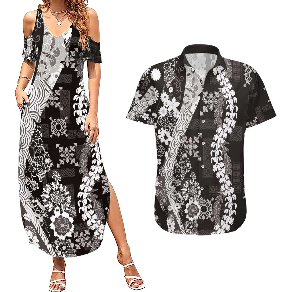 Hawaii Puakenikeni and Maile Lei Couples Matching Summer Maxi Dress and Hawaiian Shirt Black Japanese Wave Style LT9 Black - Polynesian Pride