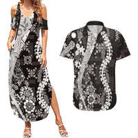 Hawaii Puakenikeni and Maile Lei Couples Matching Summer Maxi Dress and Hawaiian Shirt Black Japanese Wave Style LT9 Black - Polynesian Pride