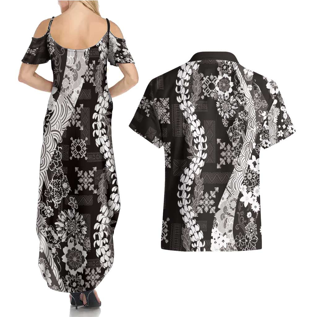Hawaii Puakenikeni and Maile Lei Couples Matching Summer Maxi Dress and Hawaiian Shirt Black Japanese Wave Style LT9 - Polynesian Pride
