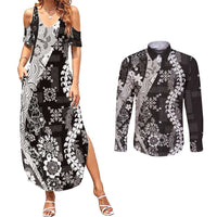 Hawaii Puakenikeni and Maile Lei Couples Matching Summer Maxi Dress and Long Sleeve Button Shirt Black Japanese Wave Style LT9 Black - Polynesian Pride