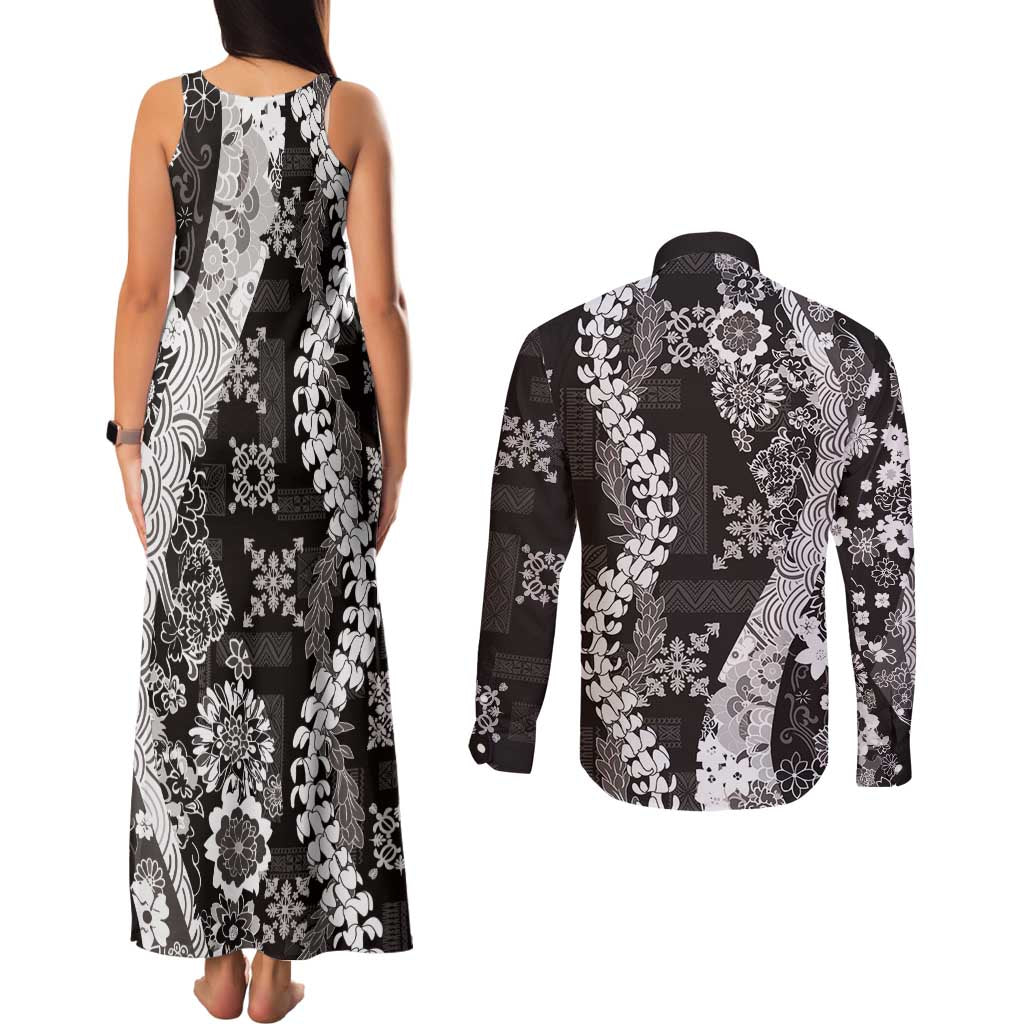 Hawaii Puakenikeni and Maile Lei Couples Matching Tank Maxi Dress and Long Sleeve Button Shirt Black Japanese Wave Style LT9 - Polynesian Pride