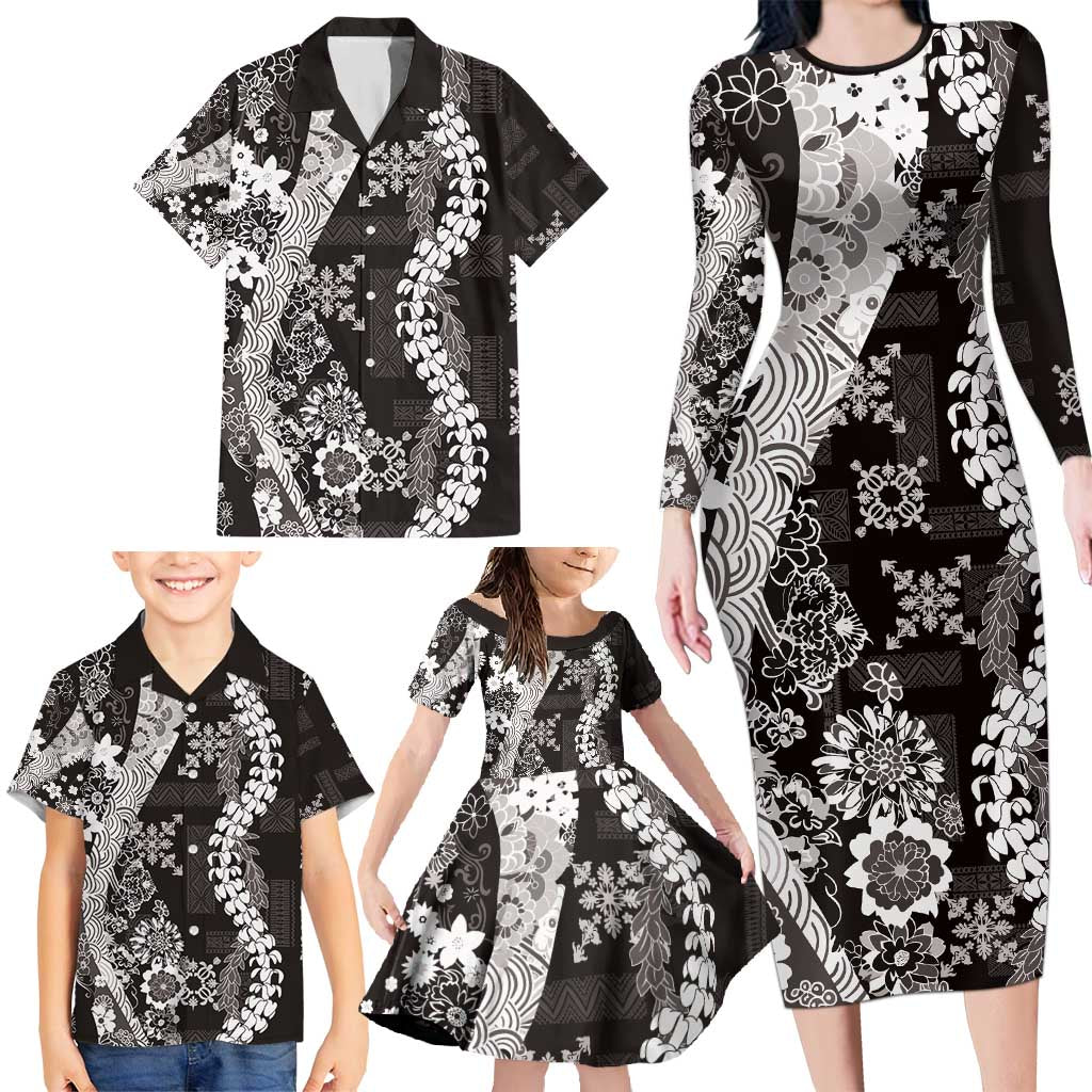 Hawaii Puakenikeni and Maile Lei Family Matching Long Sleeve Bodycon Dress and Hawaiian Shirt Black Japanese Wave Style LT9 - Polynesian Pride