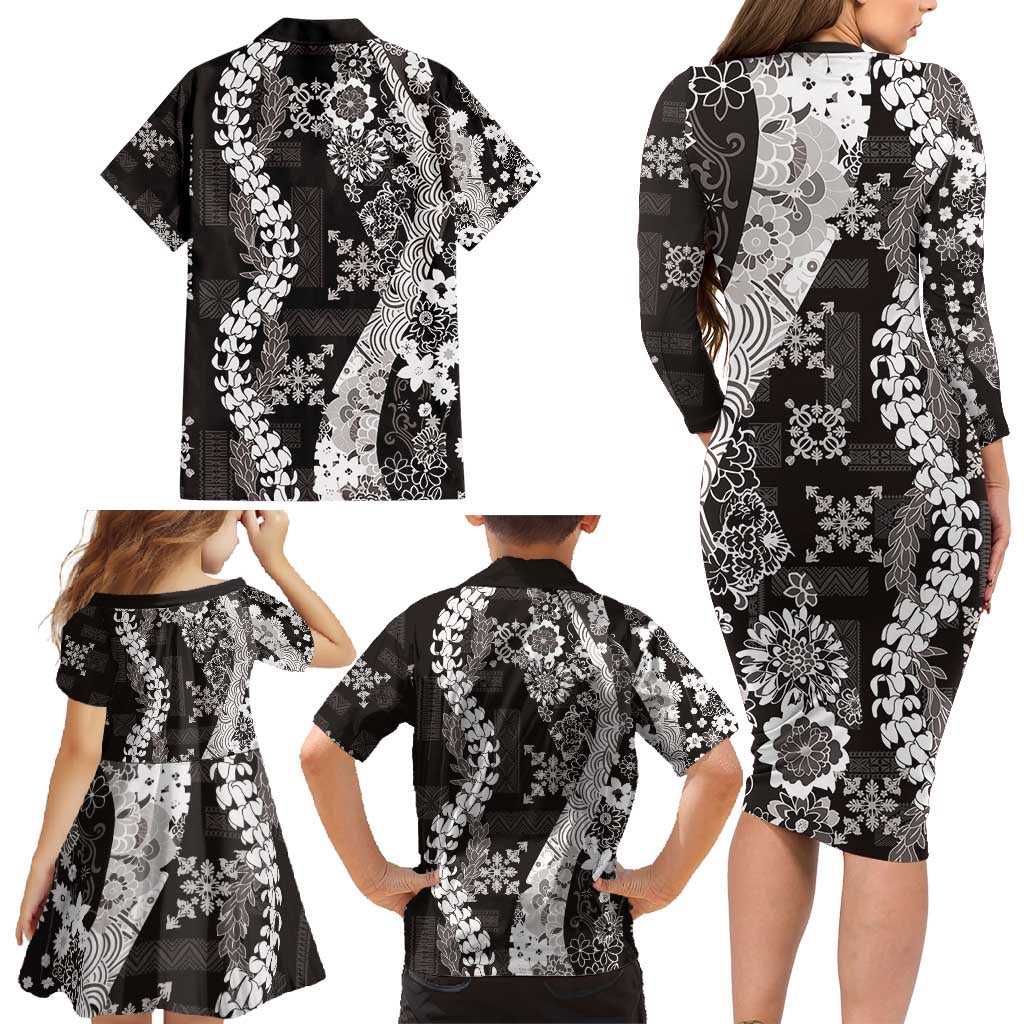 Hawaii Puakenikeni and Maile Lei Family Matching Long Sleeve Bodycon Dress and Hawaiian Shirt Black Japanese Wave Style LT9 - Polynesian Pride