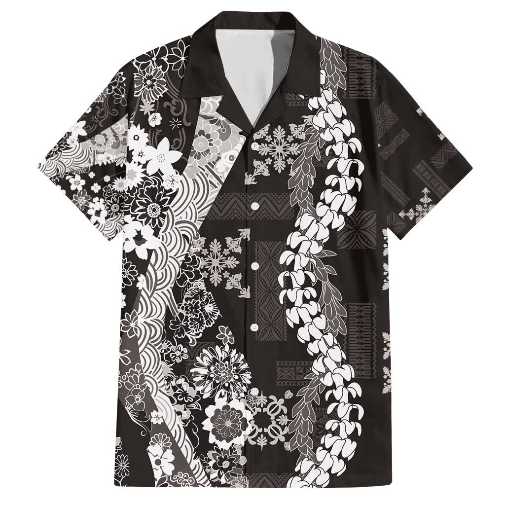 Hawaii Puakenikeni and Maile Lei Family Matching Long Sleeve Bodycon Dress and Hawaiian Shirt Black Japanese Wave Style LT9 Dad's Shirt - Short Sleeve Black - Polynesian Pride