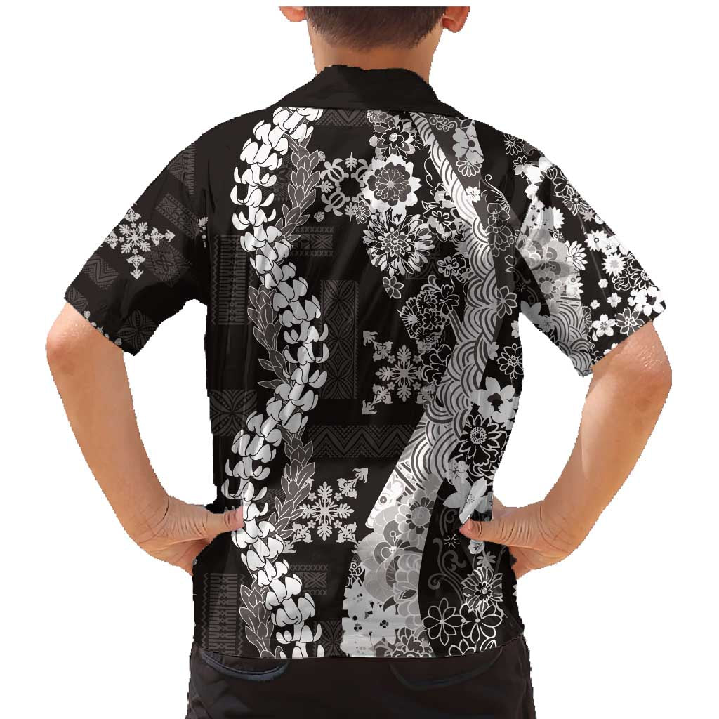 Hawaii Puakenikeni and Maile Lei Family Matching Mermaid Dress and Hawaiian Shirt Black Japanese Wave Style LT9 - Polynesian Pride