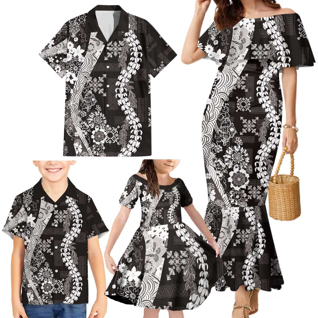 Hawaii Puakenikeni and Maile Lei Family Matching Mermaid Dress and Hawaiian Shirt Black Japanese Wave Style LT9 - Polynesian Pride