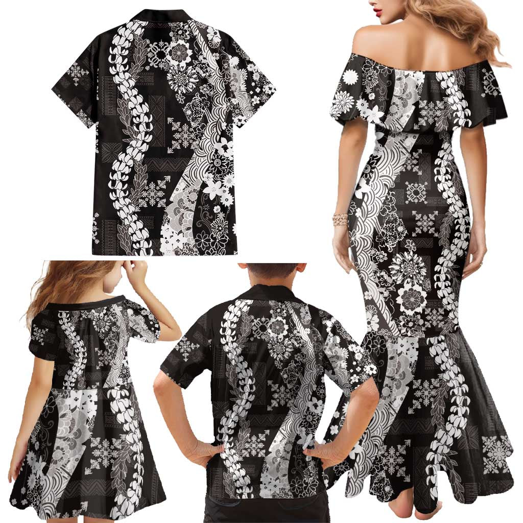 Hawaii Puakenikeni and Maile Lei Family Matching Mermaid Dress and Hawaiian Shirt Black Japanese Wave Style LT9 - Polynesian Pride