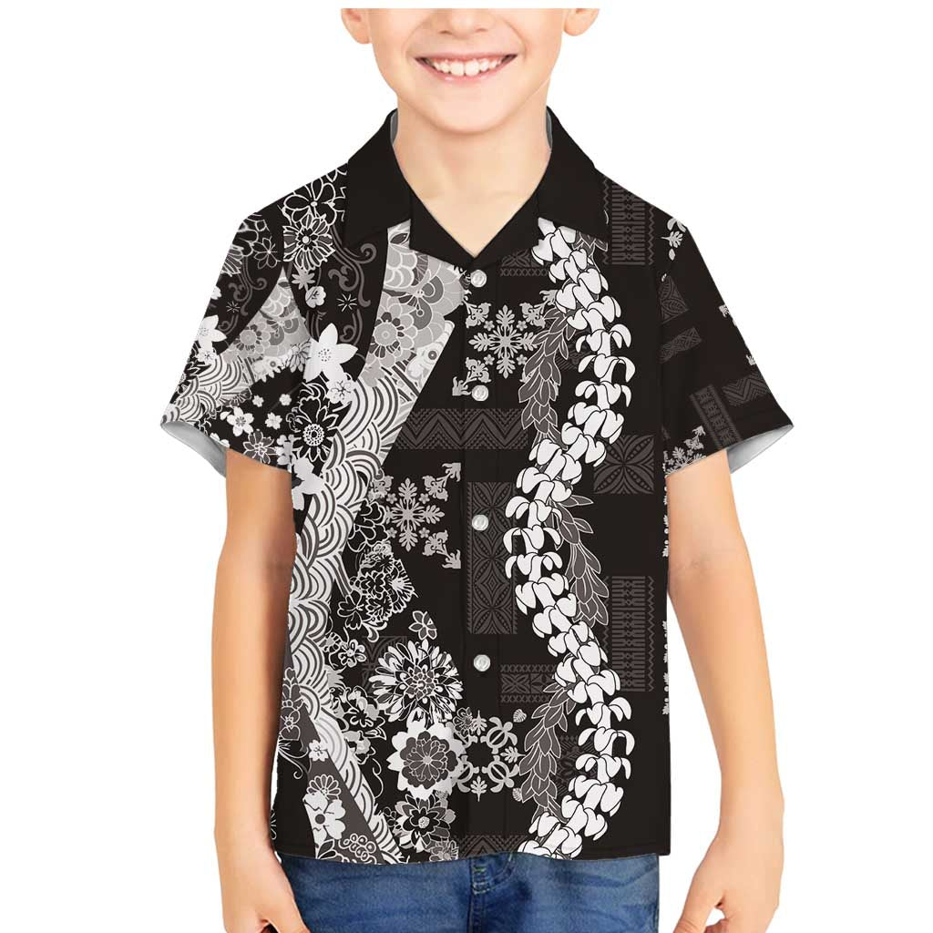 Hawaii Puakenikeni and Maile Lei Family Matching Mermaid Dress and Hawaiian Shirt Black Japanese Wave Style LT9 Son's Shirt Black - Polynesian Pride