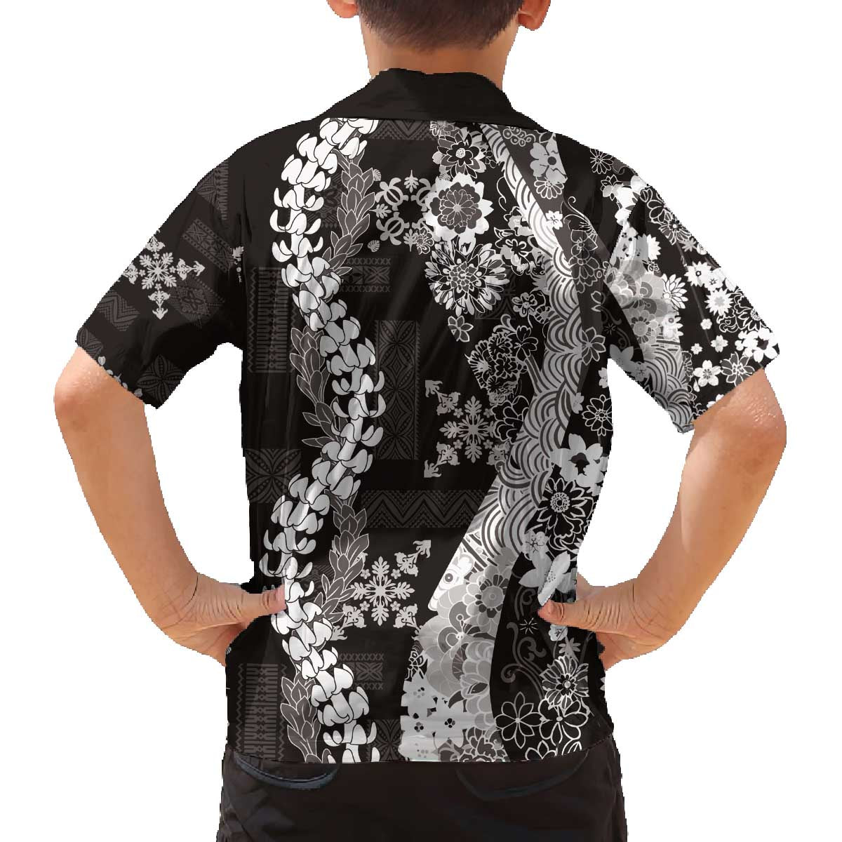 Hawaii Puakenikeni and Maile Lei Family Matching Off The Shoulder Long Sleeve Dress and Hawaiian Shirt Black Japanese Wave Style LT9 - Polynesian Pride