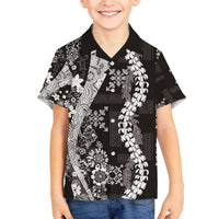 Hawaii Puakenikeni and Maile Lei Family Matching Off The Shoulder Long Sleeve Dress and Hawaiian Shirt Black Japanese Wave Style LT9 Son's Shirt Black - Polynesian Pride