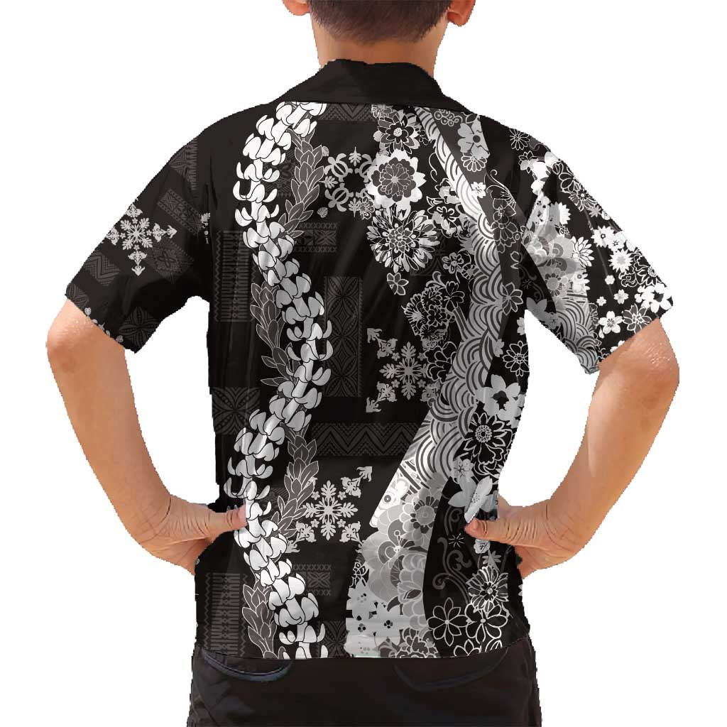 Hawaii Puakenikeni and Maile Lei Family Matching Off Shoulder Maxi Dress and Hawaiian Shirt Black Japanese Wave Style LT9 - Polynesian Pride