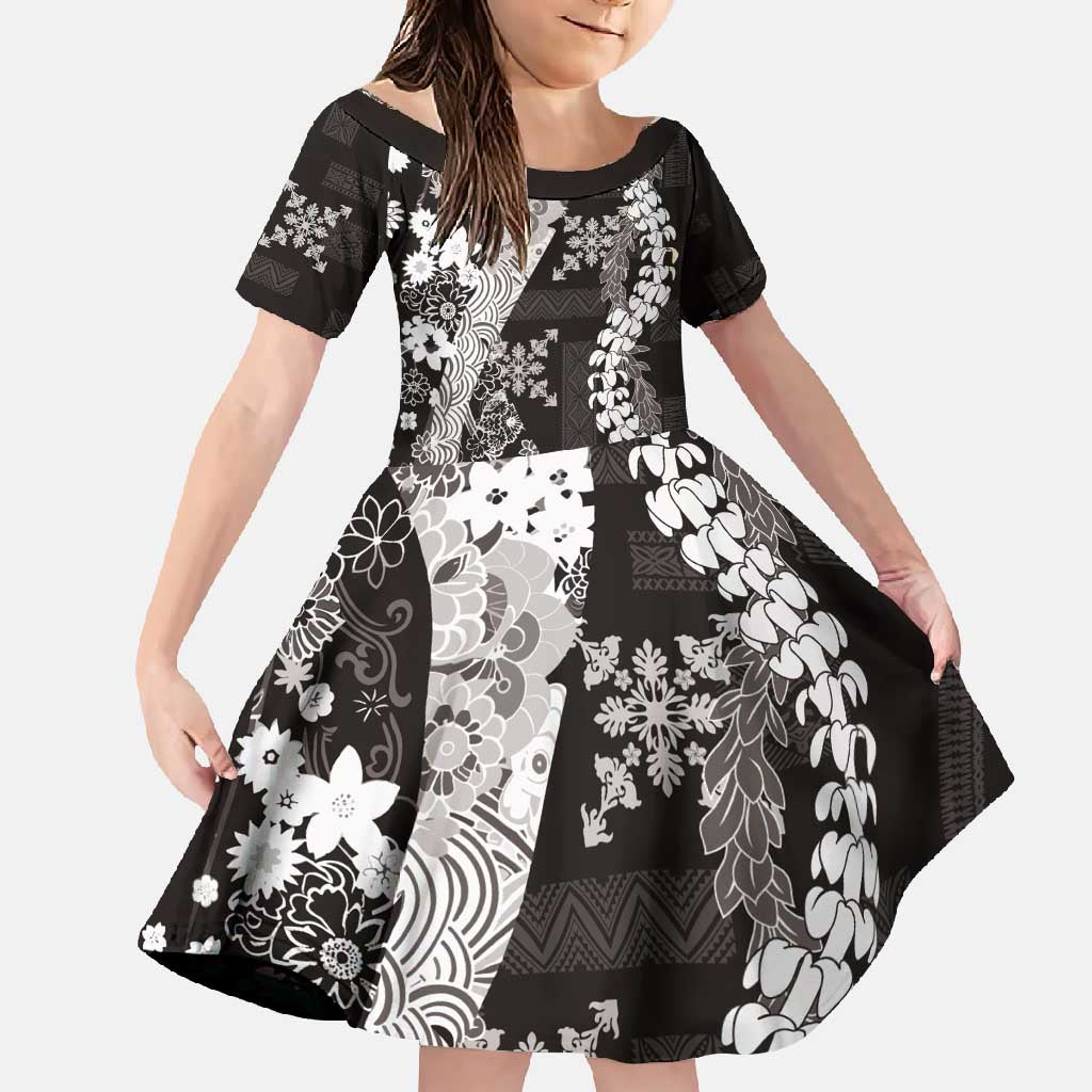 Hawaii Puakenikeni and Maile Lei Family Matching Off Shoulder Maxi Dress and Hawaiian Shirt Black Japanese Wave Style LT9 Daughter's Dress Black - Polynesian Pride