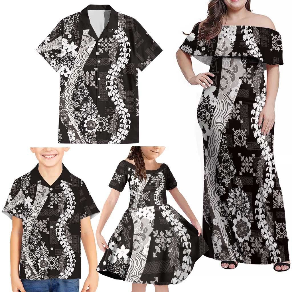 Hawaii Puakenikeni and Maile Lei Family Matching Off Shoulder Maxi Dress and Hawaiian Shirt Black Japanese Wave Style LT9 - Polynesian Pride