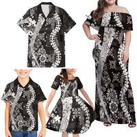 Hawaii Puakenikeni and Maile Lei Family Matching Off Shoulder Maxi Dress and Hawaiian Shirt Black Japanese Wave Style LT9 - Polynesian Pride