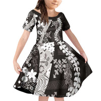 Hawaii Puakenikeni and Maile Lei Family Matching Off Shoulder Short Dress and Hawaiian Shirt Black Japanese Wave Style LT9 Daughter's Dress Black - Polynesian Pride