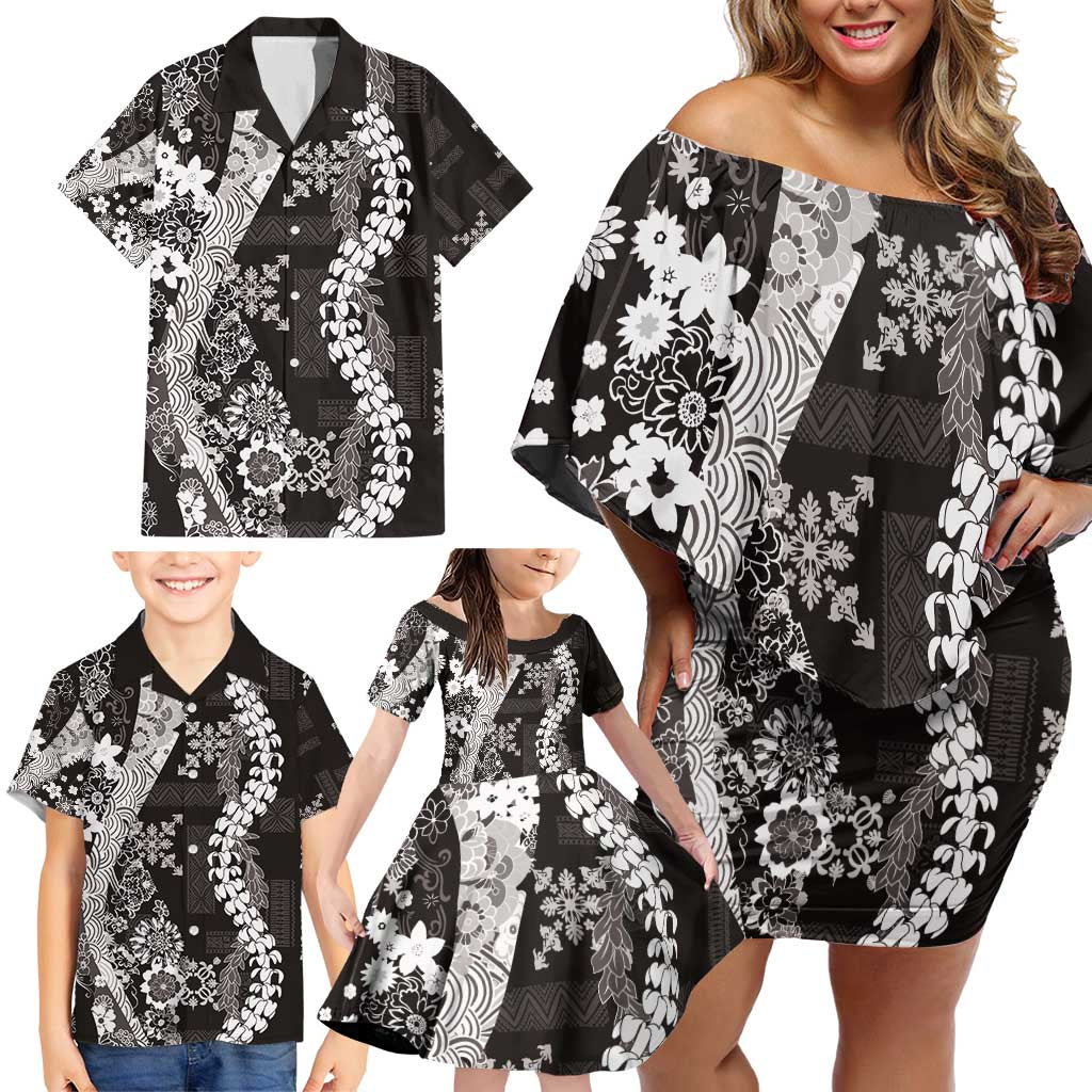 Hawaii Puakenikeni and Maile Lei Family Matching Off Shoulder Short Dress and Hawaiian Shirt Black Japanese Wave Style LT9 - Polynesian Pride