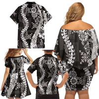 Hawaii Puakenikeni and Maile Lei Family Matching Off Shoulder Short Dress and Hawaiian Shirt Black Japanese Wave Style LT9 - Polynesian Pride