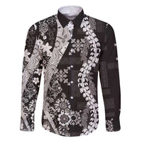 Hawaii Puakenikeni and Maile Lei Family Matching Off Shoulder Short Dress and Hawaiian Shirt Black Japanese Wave Style LT9 Dad's Shirt - Long Sleeve Black - Polynesian Pride