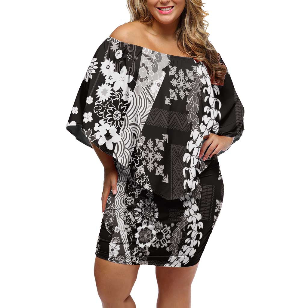 Hawaii Puakenikeni and Maile Lei Family Matching Off Shoulder Short Dress and Hawaiian Shirt Black Japanese Wave Style LT9 Mom's Dress Black - Polynesian Pride