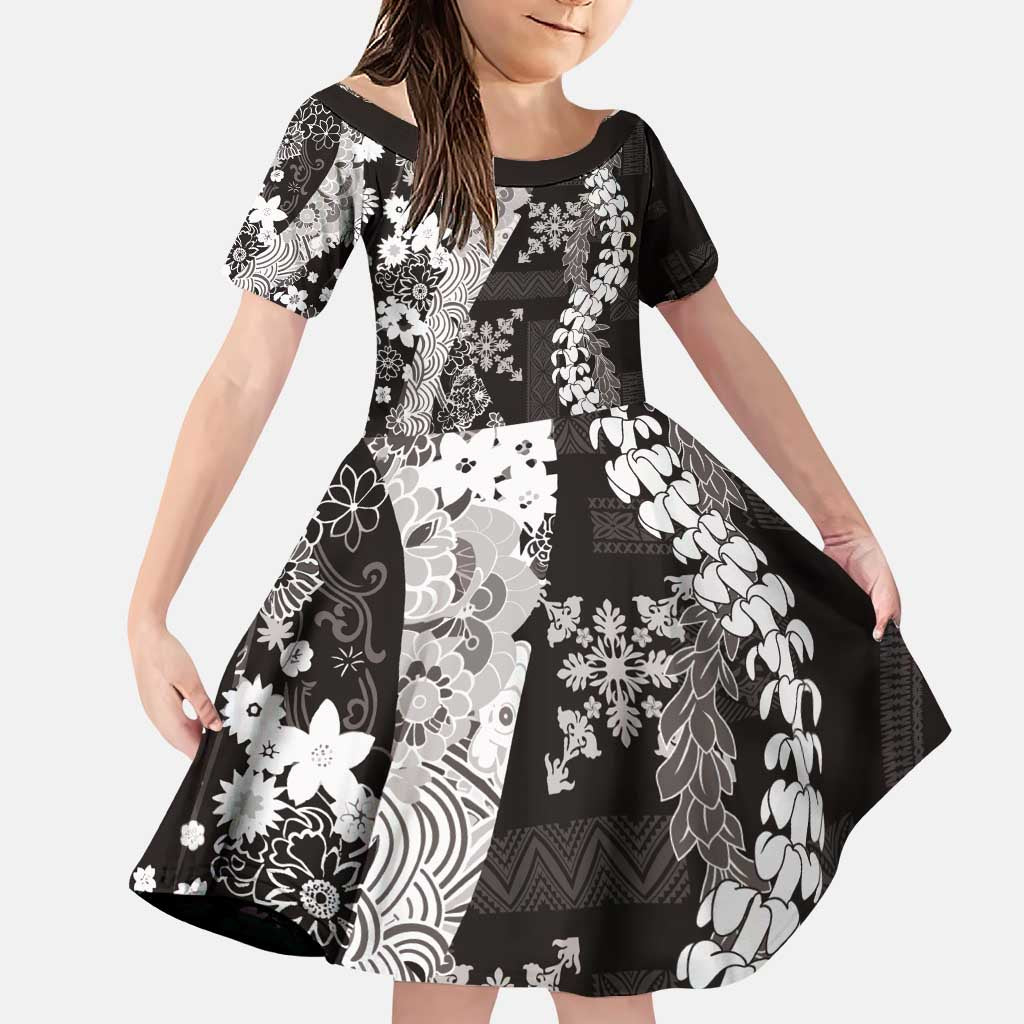 Hawaii Puakenikeni and Maile Lei Family Matching Puletasi and Hawaiian Shirt Black Japanese Wave Style LT9 Daughter's Dress Black - Polynesian Pride