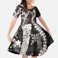 Hawaii Puakenikeni and Maile Lei Family Matching Puletasi and Hawaiian Shirt Black Japanese Wave Style LT9 Daughter's Dress Black - Polynesian Pride