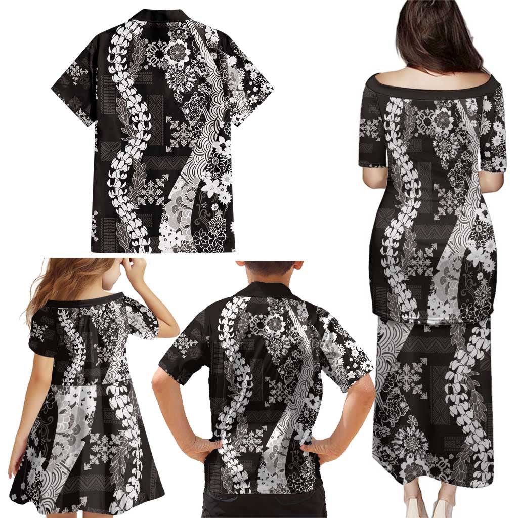 Hawaii Puakenikeni and Maile Lei Family Matching Puletasi and Hawaiian Shirt Black Japanese Wave Style LT9 - Polynesian Pride