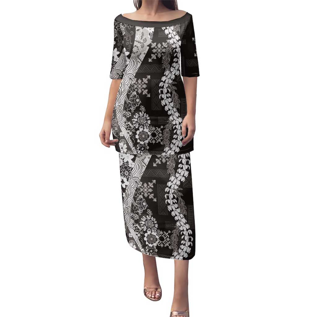 Hawaii Puakenikeni and Maile Lei Family Matching Puletasi and Hawaiian Shirt Black Japanese Wave Style LT9 Mom's Dress Black - Polynesian Pride