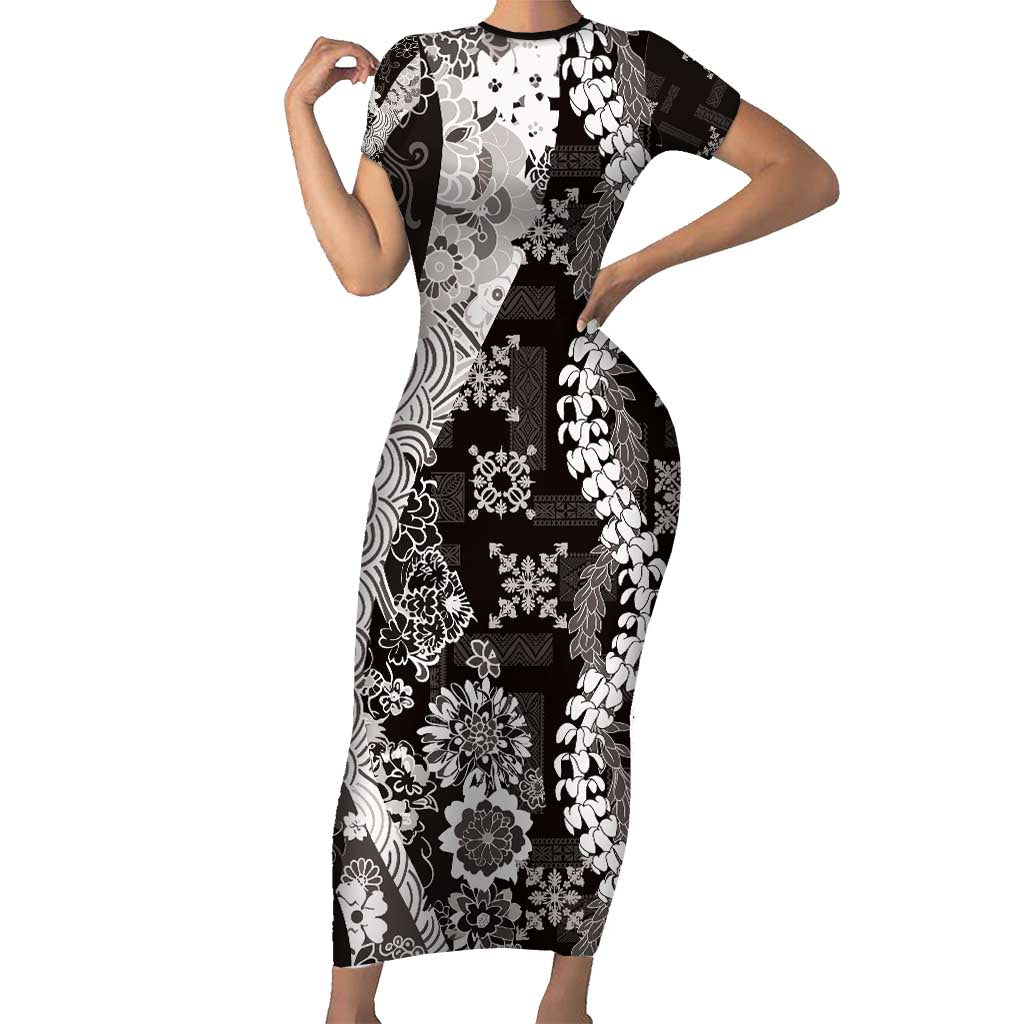 Hawaii Puakenikeni and Maile Lei Family Matching Short Sleeve Bodycon Dress and Hawaiian Shirt Black Japanese Wave Style LT9 Mom's Dress Black - Polynesian Pride