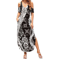 Hawaii Puakenikeni and Maile Lei Family Matching Summer Maxi Dress and Hawaiian Shirt Black Japanese Wave Style LT9 Mom's Dress Black - Polynesian Pride