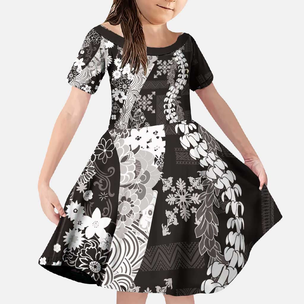 Hawaii Puakenikeni and Maile Lei Family Matching Tank Maxi Dress and Hawaiian Shirt Black Japanese Wave Style LT9 Daughter's Dress Black - Polynesian Pride