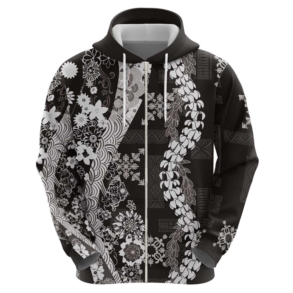 Hawaii Puakenikeni and Maile Lei Hoodie Black Japanese Wave Style - Polynesian Pride