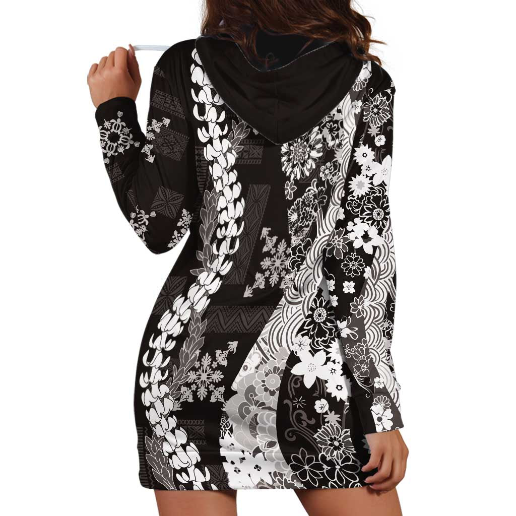 Hawaii Puakenikeni and Maile Lei Hoodie Dress Black Japanese Wave Style LT9 - Polynesian Pride