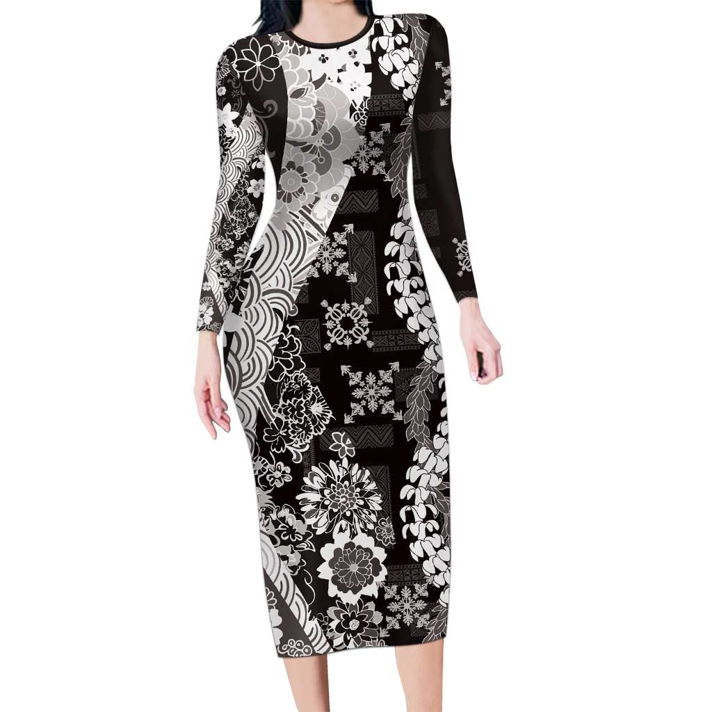Hawaii Puakenikeni and Maile Lei Long Sleeve Bodycon Dress Black Japanese Wave Style LT9 Long Dress Black - Polynesian Pride