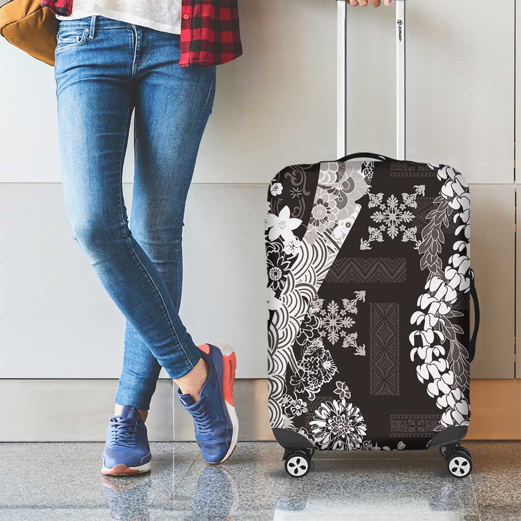 Hawaii Puakenikeni and Maile Lei Luggage Cover Black Japanese Wave Style - Polynesian Pride