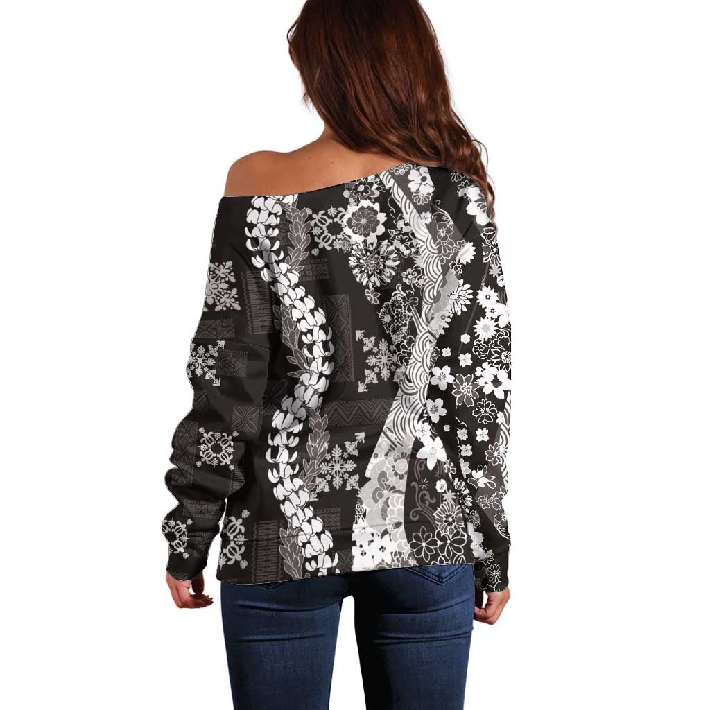 Hawaii Puakenikeni and Maile Lei Off Shoulder Sweater Black Japanese Wave Style - Polynesian Pride