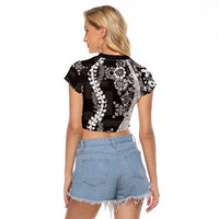 Hawaii Puakenikeni and Maile Lei Raglan Cropped T Shirt Black Japanese Wave Style - Polynesian Pride