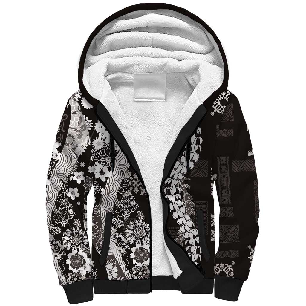 Hawaii Puakenikeni and Maile Lei Sherpa Hoodie Black Japanese Wave Style LT9 Unisex Black - Polynesian Pride