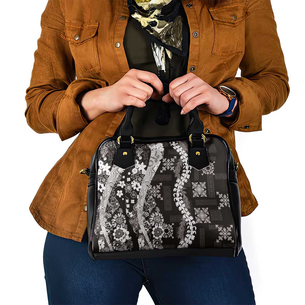 Hawaii Puakenikeni and Maile Lei Shoulder Handbag Black Japanese Wave Style - Polynesian Pride