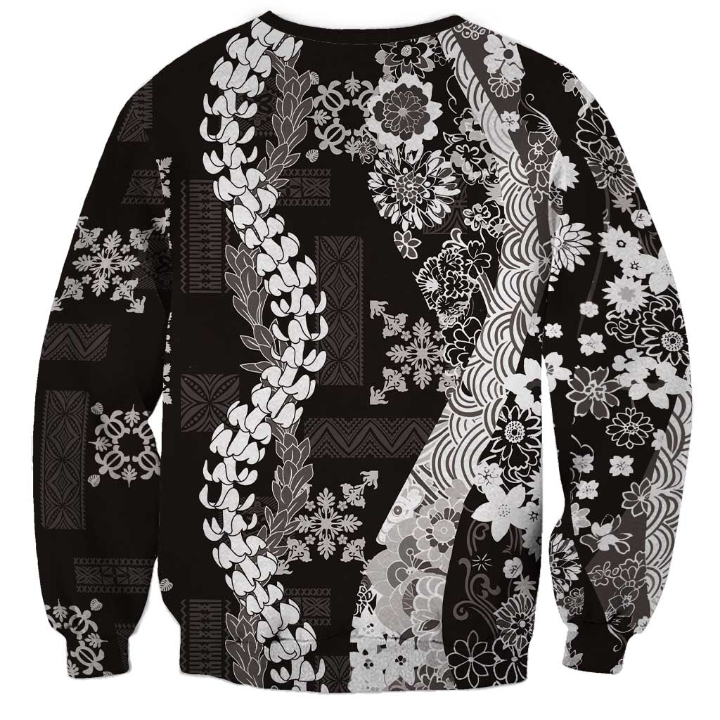 Hawaii Puakenikeni and Maile Lei Sweatshirt Black Japanese Wave Style - Polynesian Pride