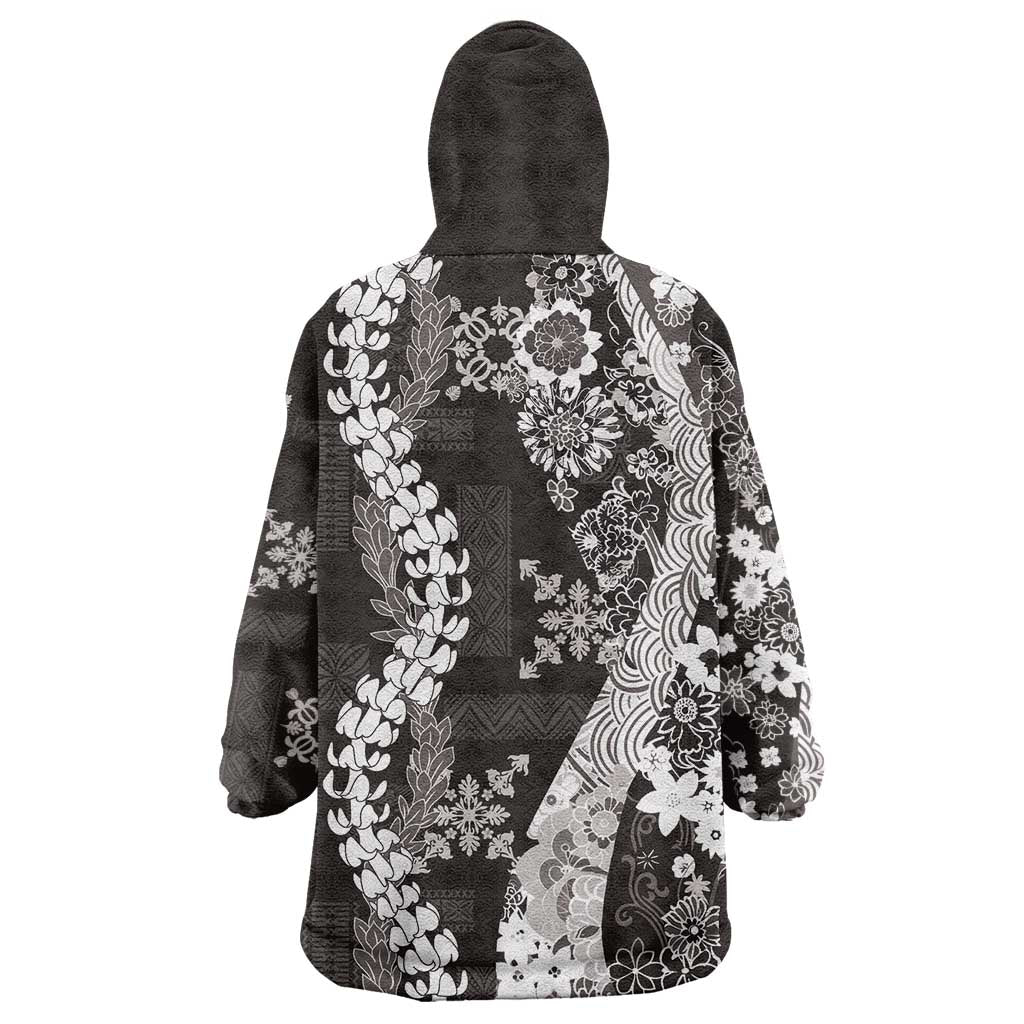 Hawaii Puakenikeni and Maile Lei Wearable Blanket Hoodie Black Japanese Wave Style LT9 - Polynesian Pride