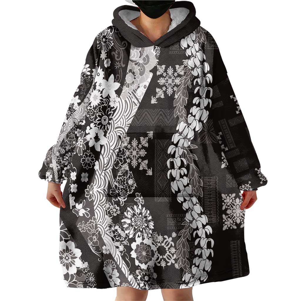 Hawaii Puakenikeni and Maile Lei Wearable Blanket Hoodie Black Japanese Wave Style LT9 - Polynesian Pride