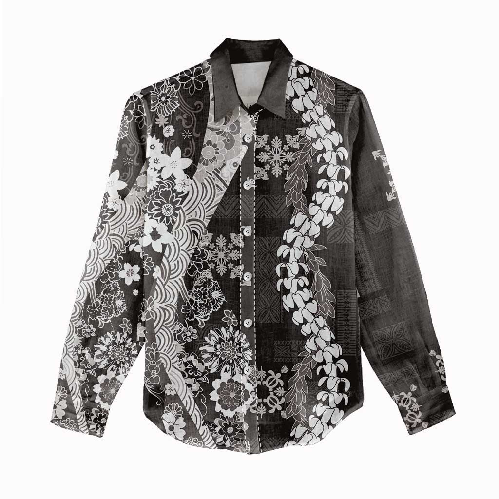 Hawaii Puakenikeni and Maile Lei Women Casual Shirt Black Japanese Wave Style - Polynesian Pride