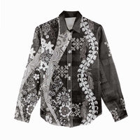 Hawaii Puakenikeni and Maile Lei Women Casual Shirt Black Japanese Wave Style - Polynesian Pride